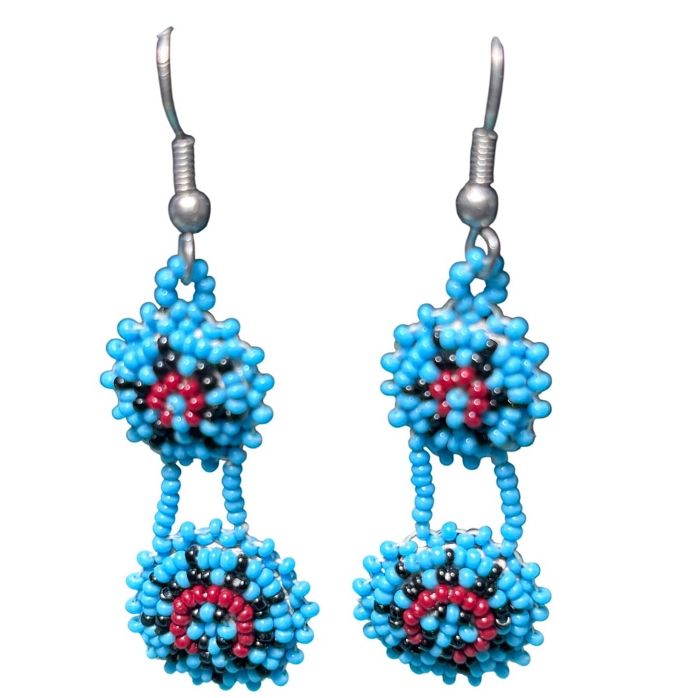 Hand Beaded Turquoise Red Black Medallion Drop Earrings Buckskin Leather Backing